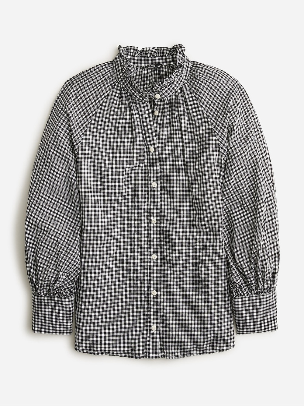 J. Crew Black & White Gingham Ruffle-Neck Button-Down Shirt